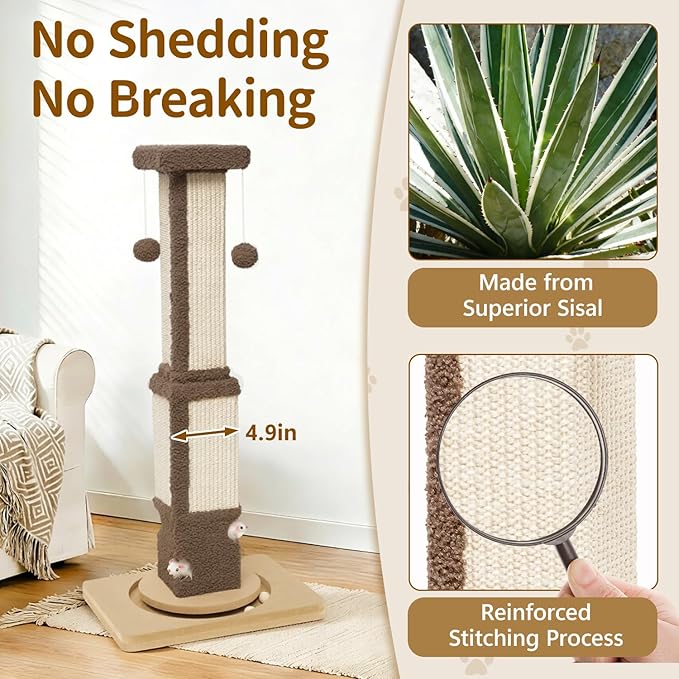 Tall Cat Scratching Post for Large Cats Kittens, 33" Indoor Sisal Vertical Pole Heavy Duty Square Structure with 4 Interactive Mouse Holes and Track Ball Base, Shields Furniture from Scratches