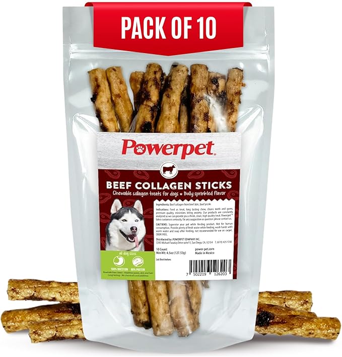 Powerpet Beef Collagen Sticks Soft Dog Chew - 100% Natural & Highly Digestible, High Protein, Low Fat, Rawhide-Free for Hip & Joint and Skin & Coat, Healthy Treats - Bully Sprinkled Flavor, Pack of 10