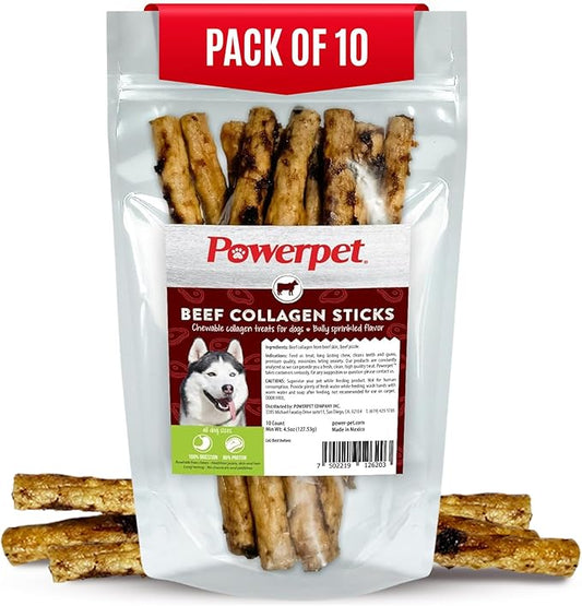 Powerpet Beef Collagen Sticks Soft Dog Chew - 100% Natural & Highly Digestible, High Protein, Low Fat, Rawhide-Free for Hip & Joint and Skin & Coat, Healthy Treats - Bully Sprinkled Flavor, Pack of 10