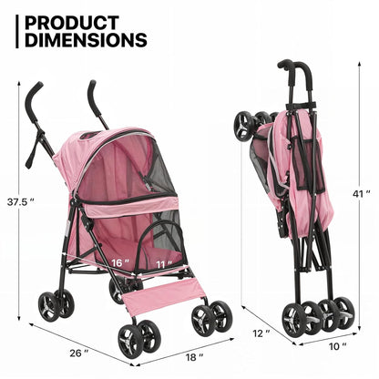 MoNiBloom 4 Wheels Pet Stroller, Easy-Fold Puppy Cage Jogger Stroller with Sun Cover, Pad and Rear Storage Bag, Breathable and Visible Mesh for Small/Medium Pets up to 22 lbs, Pink - Pawvie