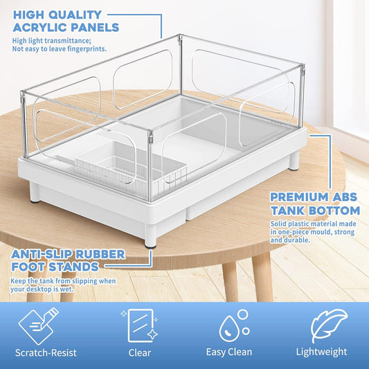 Small Turtle Tank, Aquarium, Acrylic Terrarium with Basking Platform, Bottom Drainage, Multi-Function Areas for Turtles, Crabs, Crayfish, Reptiles. - Pawvie