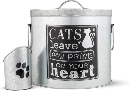 Silver 20lb Cat Food Storage with Scoop | Pet Container for food that can fit in the pantry | Modern Beautiful Cat Pet Food Storage Container