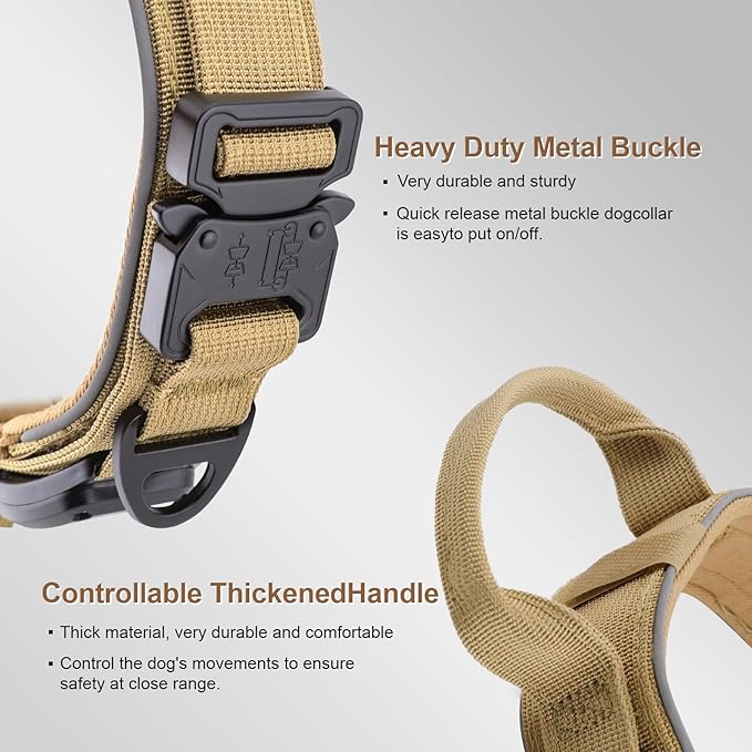 2026 Upgrade Dog Collar with IPX8 Waterproof AirTag Holder,Military Tactical Comfortable Control Handle and Ultra-Durable Metal Buckle/Night Reflective,GPS Collar for Medium to Large Dogs（Khaki/XL）