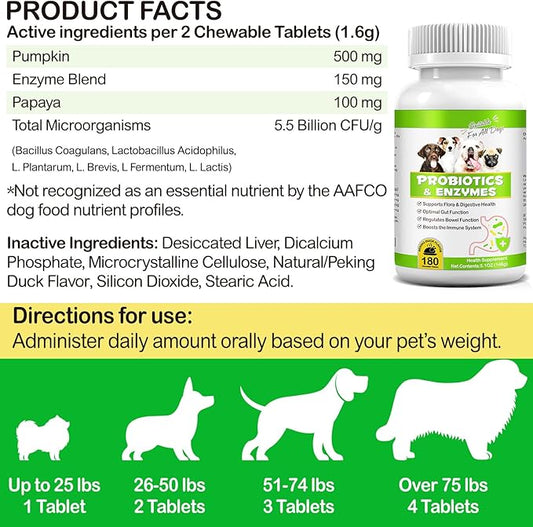 Probiotics for Dogs, 180 Chews Dog Probiotics and Digestive Enzymes, Promotes Gut Health, for Bowel Support, Immunity Health