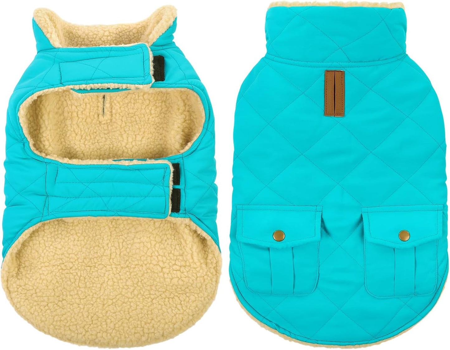 Queenmore Warm Dog Coat, Cold Weather Puffer Dog Coat Vest, Quilting Winter Pet Jacket Ultra Thick Plush Fleece Lining Pet Clothes for Dogs with Storage Pockets (Light Blue, Medium)