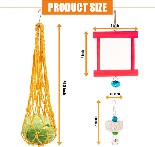 6 PCS Chicken Toys for Coop, 2PCS Chicken Mirror Toys 2 PCS Hanging Vegetable Fruits Feeders and 2 PCS Beak Grinding Molar Stones with Bell for Hen Birds Parrots