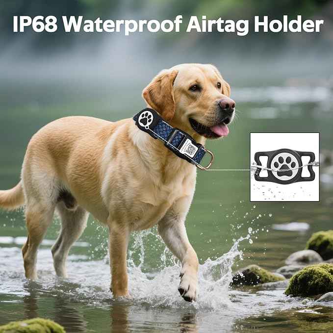 WhoseID Dog Collar with Waterproof AirTag Holder & Anti-Lost QR Code, Cute Bling Warpping Adjustable Width for Small Medium Large Pet (Blue, L)