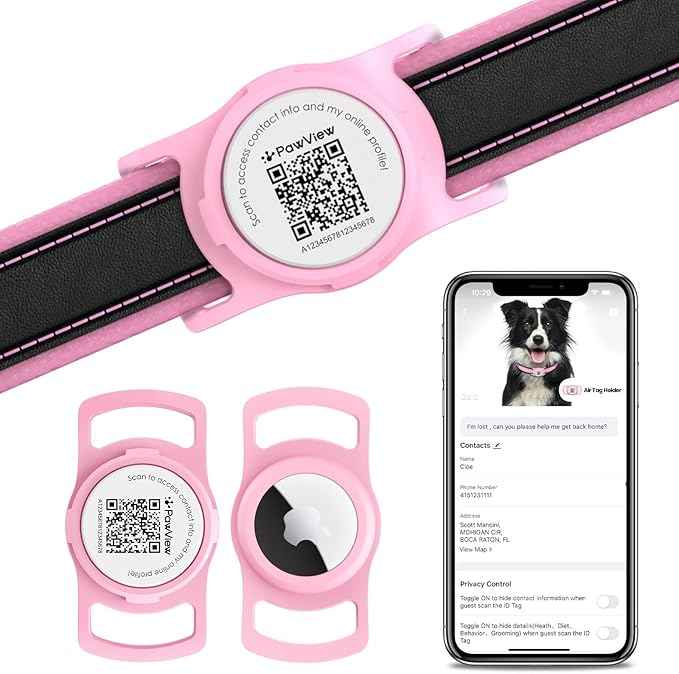 for AirTag Dog Collar Holder, Smart QR Code for Air Tag Holder Cats and Dogs, for AirTag Protective Cases - Scan Alert, Instant Location, Pet Online Profile, Contacts Info (1 Pack, Pink)