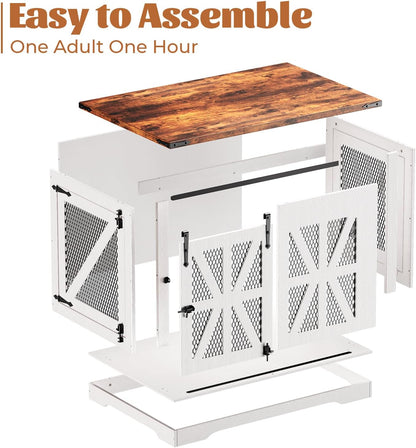 VOPEAK 43.3" XL Dog Crate Furniture, Chew Resistant Dog Crate for Medium Large Dogs, Heavy Duty Extra Large Dog Crate Dog Kennel Indoor with Double Doors, Wooden End Table for Living Room, White