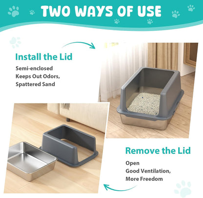 Litter Box with Lid, Stainless Steel Litter Box, 10" Metal Litter Tray High Sides, Small Litter Pan for Kittens, Enclosed Cat Litter Pan, Non-Sticky Covered Grey, Easy Clean