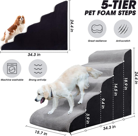 Dog Steps&Stairs for High Beds 24.4 inches High Up to 24-28 inches Bed, Tall Extra Wide Pet Stairs/Steps for High Bedsides,Non-Slip Dog Ramps for Small Older Dogs/Cats(Grey)