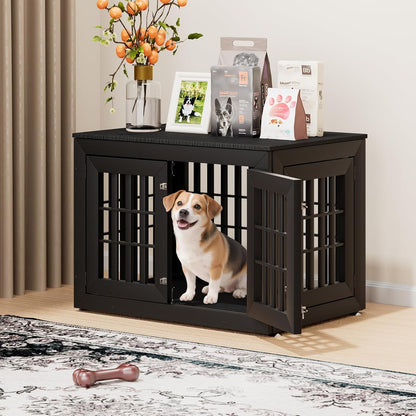 38" Heavy Duty Dog Crate Furniture for Small,Medium and Large Dogs,Rustic Wooden Dog Cage Kennel Indoor Furniture with Waterproof Top,Decorative Pet House Side End Table (Black)