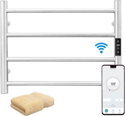 KEG Smart WiFi Towel Warmer Wall Mounted with Built-in Timer and Temperature Adjust Control, 4 Bars Electric Stainless Steel Heated Towel Racks for Bathroom Brushed Nickel