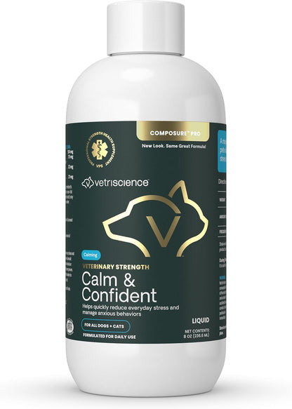 VetriScience Veterinary Strength Calm & Confident Liquid - Liquid Calming Supplement for Dogs & Cats - Pet Relaxation Formula - Clinical Strength - Easy to Administer - Unflavored - 8 oz