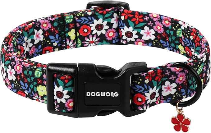 DOGWONG Floral Dog Collar- Cute Spring Wildflowers Dog Collars with Plastic Buckle, Light Adjustable Girl Female Dog Collars for Small Medium Dogs,M