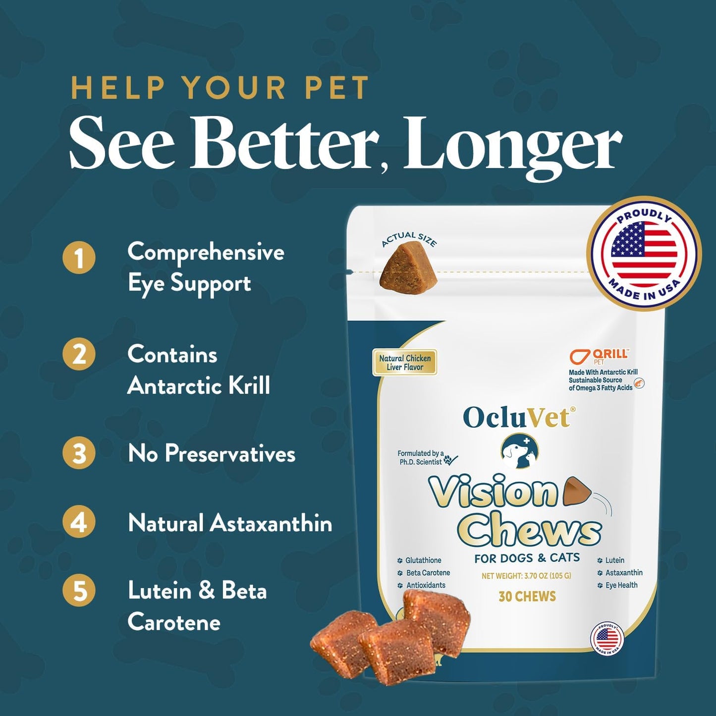 Vision Chews Eye Supplements for Dogs & Cats, Natural Chicken Flavor, Contains Omega 3, Lutein, Antioxidants, & More, Cat & Dog Eye Supplements, No Preservatives, Made in USA, 1 Bag, 30 Chews