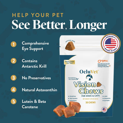 Vision Chews Eye Supplements for Dogs & Cats, Natural Chicken Flavor, Contains Omega 3, Lutein, Antioxidants, & More, Cat & Dog Eye Supplements, No Preservatives, Made in USA, 1 Bag, 30 Chews