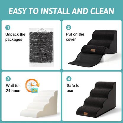 Dog Stairs for Small Dogs 19.7" H, Curved Dog Step for Puppy, Older or Cat, Medium Pet Ramp for Sofa, Couch or Bed, Ladder with High Density Foam, 15.7x28.3x19.7 inch, 4 Step, Black - Pawvie