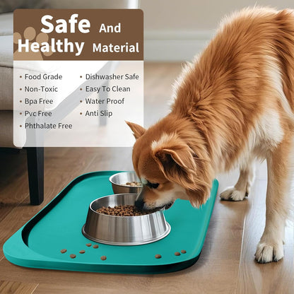 Silicone Pet Feeding Mat with Raised Edge & Residue Collection Pocket for Food and Water, Dog Bowl Mats, Cat Bowls Placemat with High Lip for Floor Waterproof, 19 x 12 x 0.7 Dark Turquoise