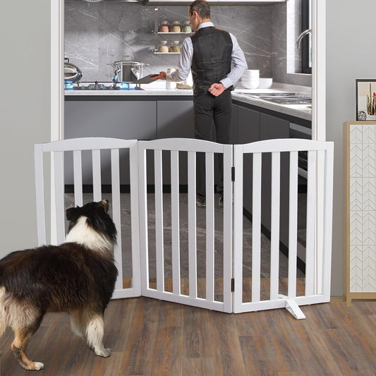 ZJSF Foldable Freestanding Indoor Dog Gate for House Wood White Long Pet Gates Dog Fence for Stairs Puppy Gates for Hallways,Pet Fence, Puppy Gate,Support Feet Included 32 "Height-3 Panels