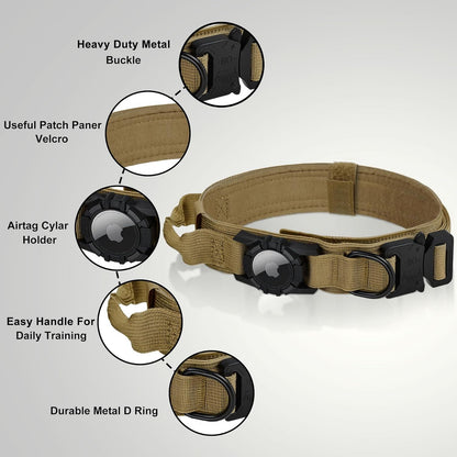 Tactical AirTag Dog Collar Leash Set - Heavy Duty, Adjustable GPS Collar Compatible with Apple AirTag, with Holder & Control Handle for Medium/Large Dogs [ Brown, M ]