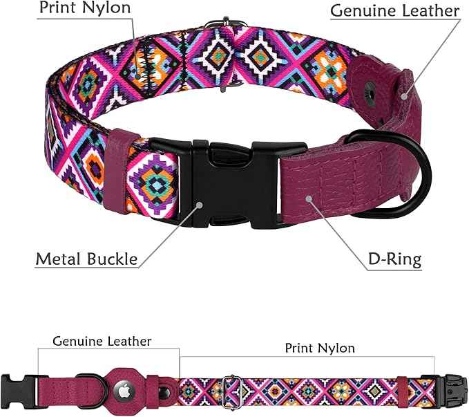 AirTag Dog Collar with Metal Buckle - Printed Nylon Soft Leather Dog Collar with Apple AirTag Holder - Secure Tracking GPS Pet Collars for Girl Boy Small Large Dogs (S, 12"-15" Neck Fit, Aztec)