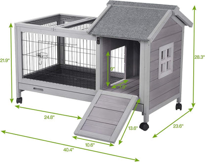Indoor Rabbit Hutch Bunny Cage with 4 Casters, Bunny Hutch -Removable Wire Grate