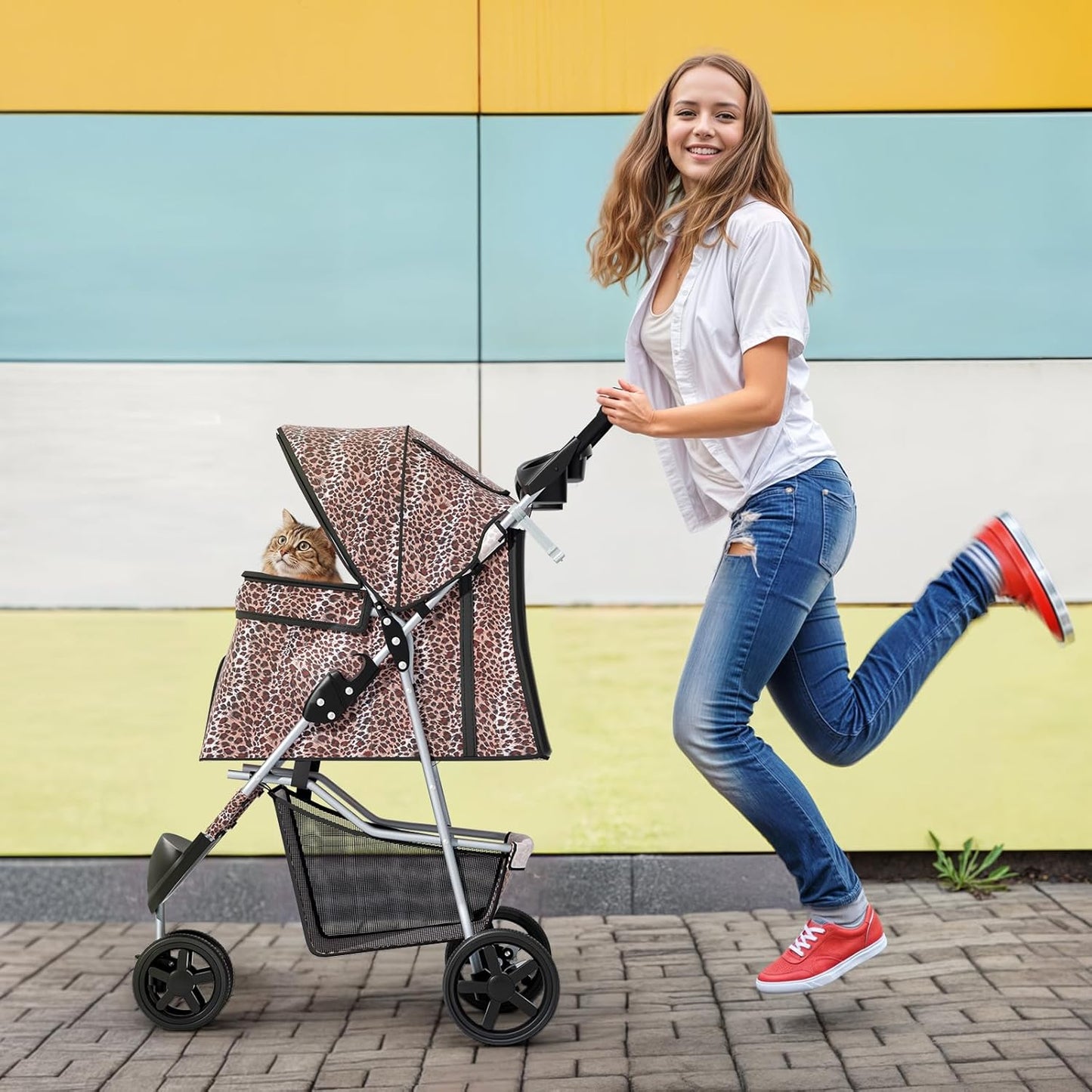 MoNiBloom 3 Wheels Pet Dog Cat Stroller for Small Medium Dogs Cats, Lightweight Foldable Jogger Stroller w/Storage Basket & Cup Holder, Leopard Print - Pawvie