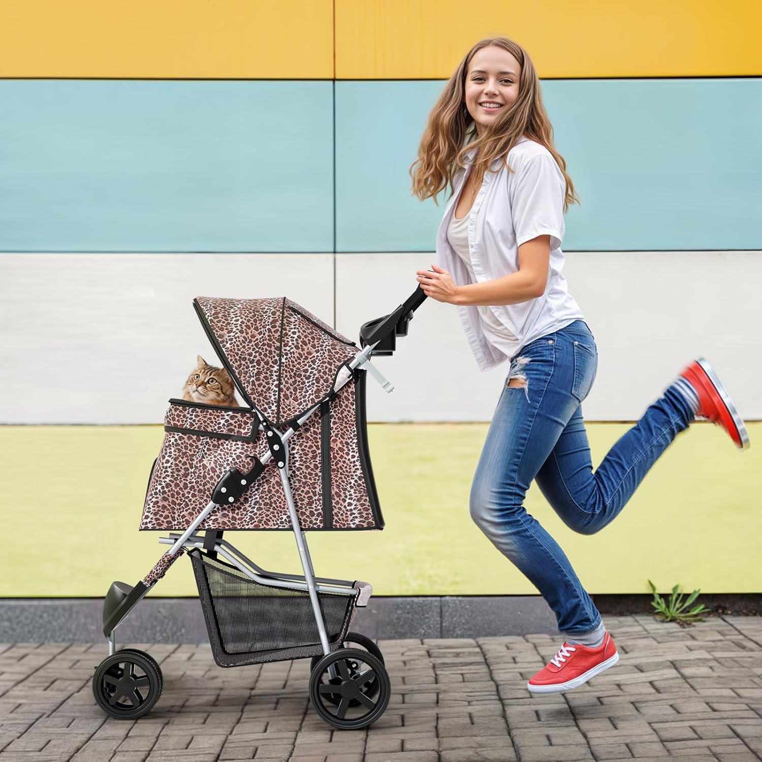 MoNiBloom 3 Wheels Pet Dog Cat Stroller for Small Medium Dogs Cats, Lightweight Foldable Jogger Stroller w/Storage Basket & Cup Holder, Leopard Print - Pawvie