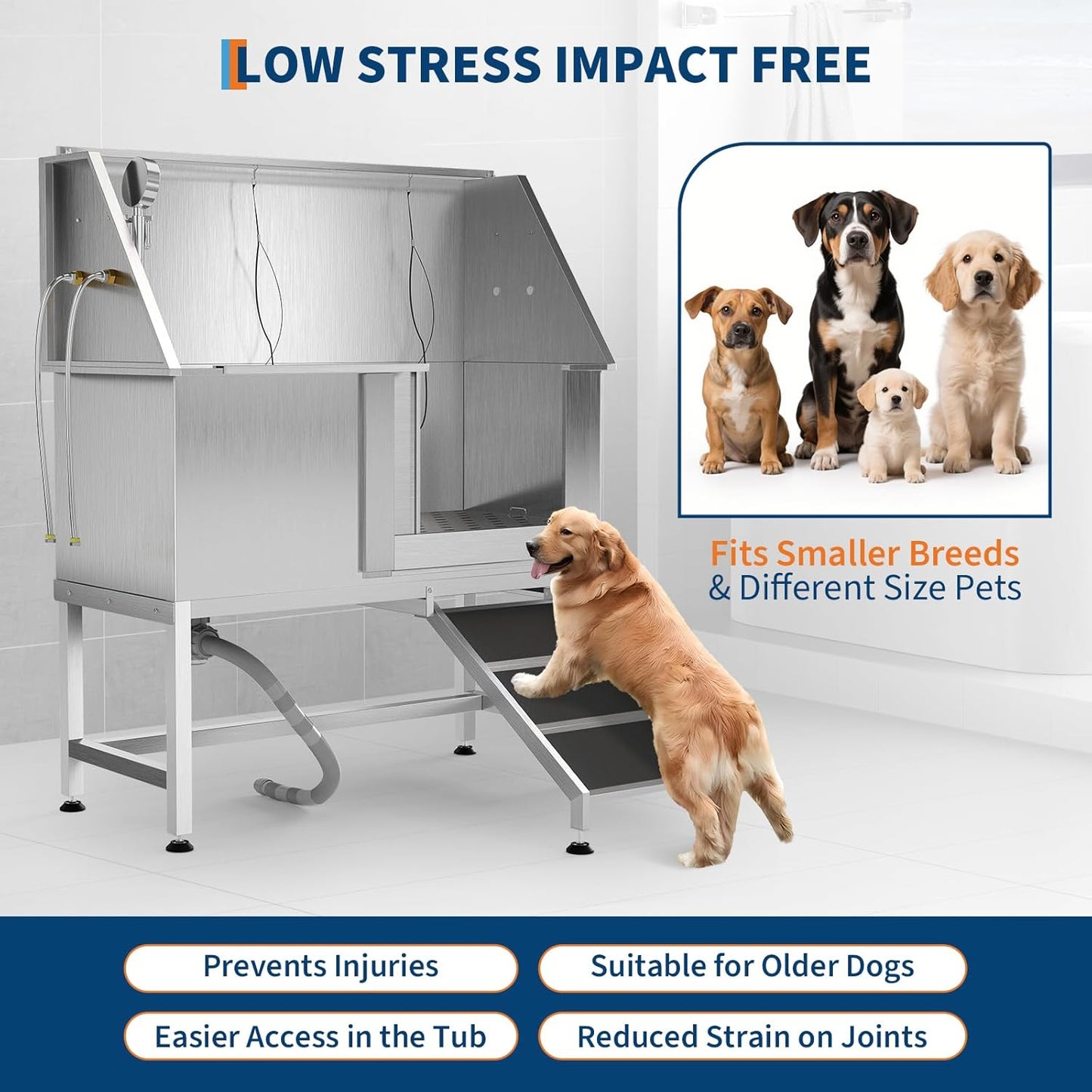 50" Stainless Steel Professional Dog Washing Station - Pet Bathing Tub w/Non-Slip Ramps | Slip-Resistant Floor Grate | for Large/Medium/Small Dogs
