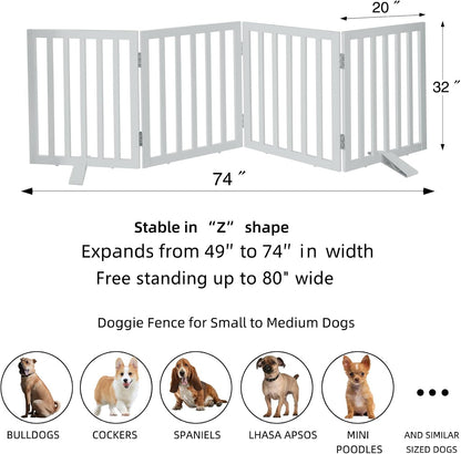 ZJSF Freestanding Indoor Dog Gate for House Foldable Wood White Puppy Gate for Doorways Pet Gate for Stairs Extra Wide Pet Fence 32" Height 4 Panels