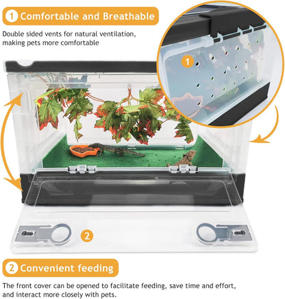 Foldable Reptile Terrariums Kits with Plant, Feeding Bowl, Carpet, Easy to Carry, Easy to Move with Wheels, Heat-Resistant Material, Suitable for Lizard Tortoise Leopard Gecko (Black)