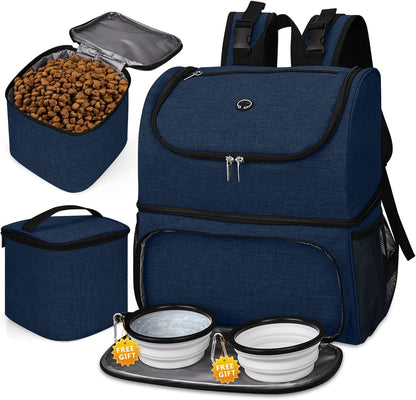 BAGLHER Pet Travel Bag, Double-Layer Pet Supplies Backpack (for All Pet Travel Supplies), Pet Travel Backpack with 2 Silicone Collapsible Bowls and 2 Food Baskets Dark Blue - Pawvie