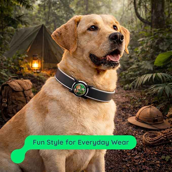 Dog AirTag Holder for Dog Collar, Soft Silicone Slide-On Case for Apple AirTag, No-Dangle Quiet Protective Holder with Eye-Catching Pet Character Designs, Black-Jungle Explorer