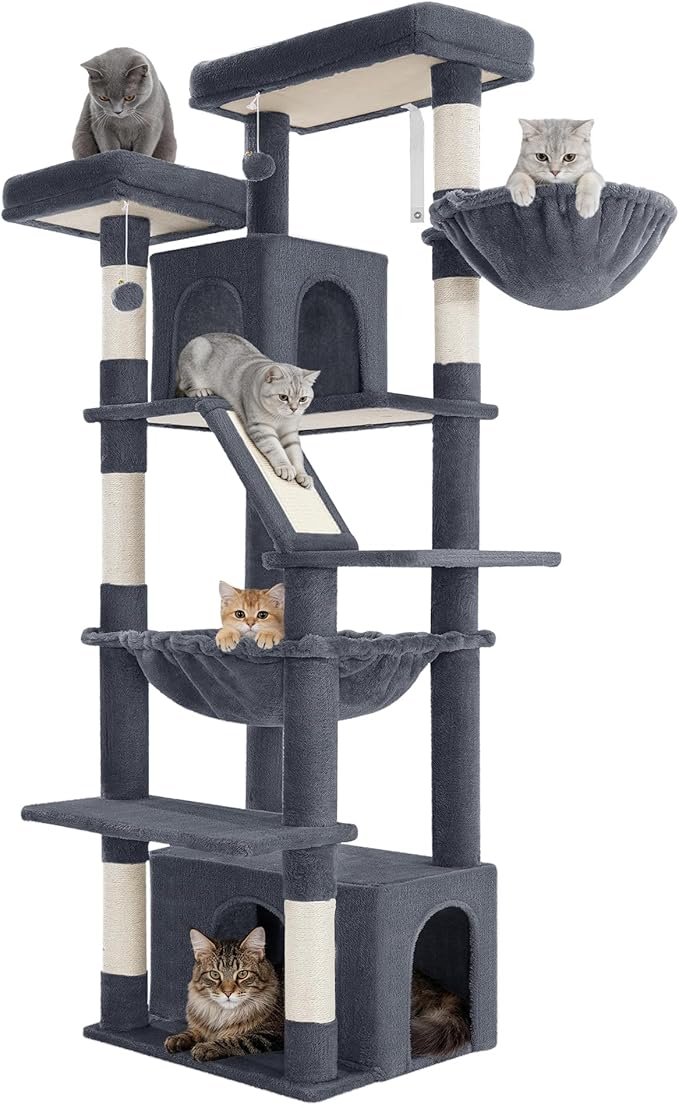 Large Cat Tree, 72 Inch Tall Indoor Cat Tower for 6 Large Cats, Corner Climbing Activity Pet Condo with 2 Large Platforms/2 Cats House/6 Scratching Post/1 Hanging Basket, Dark Gray MS18318SG