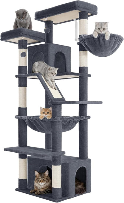 Large Cat Tree, 72 Inch Tall Indoor Cat Tower for 6 Large Cats, Corner Climbing Activity Pet Condo with 2 Large Platforms/2 Cats House/6 Scratching Post/1 Hanging Basket, Dark Gray MS18318SG