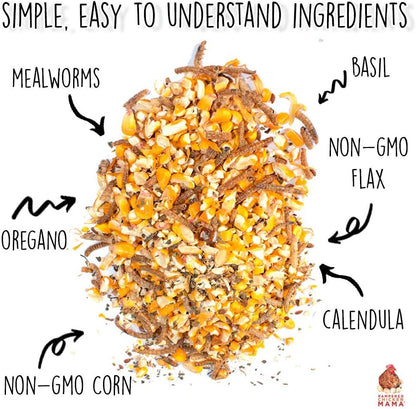 Pampered Chicken Mama Non-GMO Mealworm, Corn, Flax, & Herb Treat for Backyard Chickens, Healthy Layer Feed & Supplies for Pet Chickens Poultry Queen Treat for Hens (20 pounds)