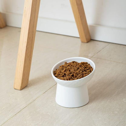 Ceramic Raised Cat Bowls, Elevated Tilted Cat Food and Water Bowls Set, Porcelain Stress Free Pet Feeder Dish for Cats and Small Dogs, Dishwasher and Microwave Safe, Set of 2(White)