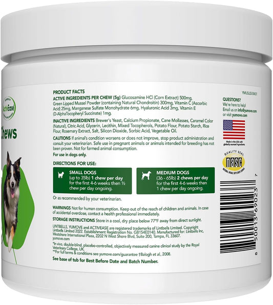 YuMOVE Hip & Joint Supplement for Dogs - With Glucosamine Chondroiton, Green Lipped Mussel , Hyaluronic Acid, and Omega 3 Joint Supplement for Stiffness and Mobility - 60 Chews (Small/Medium Dogs)