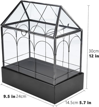 HighFree Glass Terrarium with Metal Tray, Glass Greenhouse Terrarium Kit for Succulents, Cacti, Snails, Spiders, and Miniature Reptiles, Black (Large-9.45" L x 5.7" W x 11.8" H)