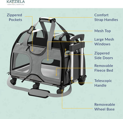 Katziela Pet Carrier - Airline Compliant Dog TSA for Small Dogs and Cats Soft FAA Travel Airplane Luggage (Gray/Black)