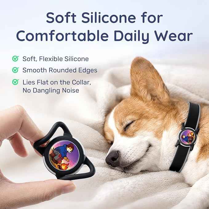 Dog AirTag Holder for Dog Collar, Soft Silicone Slide-On Case for Apple AirTag, No-Dangle Quiet Protective Holder with Eye-Catching Pet Character Designs, Happy Camper