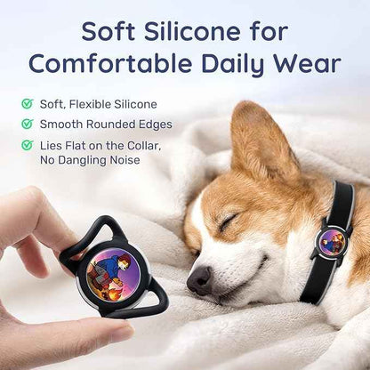 Dog AirTag Holder for Dog Collar, Soft Silicone Slide-On Case for Apple AirTag, No-Dangle Quiet Protective Holder with Eye-Catching Pet Character Designs, Happy Camper