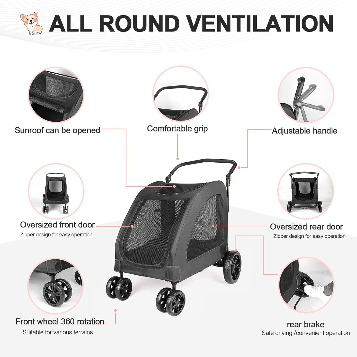 Large Dog Travel Stroller with 4 Heavy Duty Wheels Pet Stroller with Adjustable Handle - Double Doggie Capacity Jogger Wagon with Back Front Door for Small Medium Large Dogs (Black 1) - Pawvie