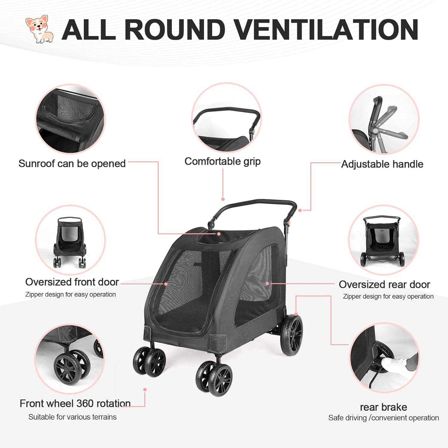 Large Dog Travel Stroller with 4 Heavy Duty Wheels Pet Stroller with Adjustable Handle - Double Doggie Capacity Jogger Wagon with Back Front Door for Small Medium Large Dogs (Black 1) - Pawvie
