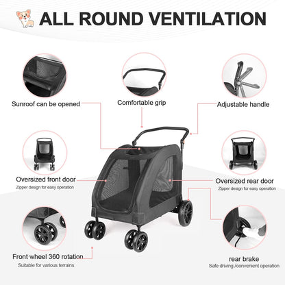Large Dog Travel Stroller with 4 Heavy Duty Wheels Pet Stroller with Adjustable Handle - Double Doggie Capacity Jogger Wagon with Back Front Door for Small Medium Large Dogs (Black 1) - Pawvie