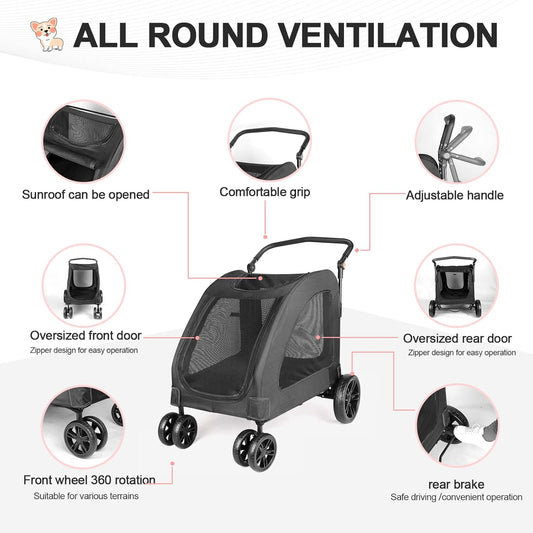 Large Dog Travel Stroller with 4 Heavy Duty Wheels Pet Stroller with Adjustable Handle - Double Doggie Capacity Jogger Wagon with Back Front Door for Small Medium Large Dogs (Black 1) - Pawvie