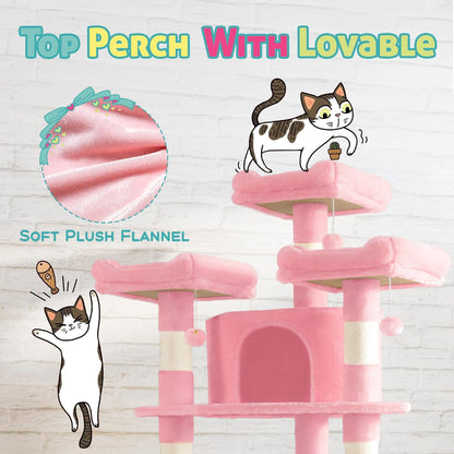 SHA CERLIN 73in Fan-Shaped Corner Cat Tower for Save Space/Multi-Level Tall Cat Tree for Indoor Kitties/Condo with Baskets/Cozy Perches/Sisal Scratching Posts/Pet Activity House/Pink