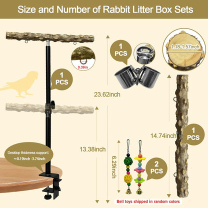 18-27 Inch Height Adjustable Bird Perch Pepper Wood Desktop Bird Training Perch Stand with Feeding Cups and Swing Toy Parakeet Perches Indoor and Outdoor Parrot Stand for Small to Medium Birds