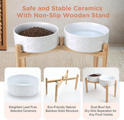 SPUNKYJUNKY Elevated Dog Bowls Ceramic, 8.3'' Dogs Food Water Bowls Raised with Non-Slip Bamboo Stand for Large Sized Breed Microwave Dishwasher Safe - 60 OZ,Paw White